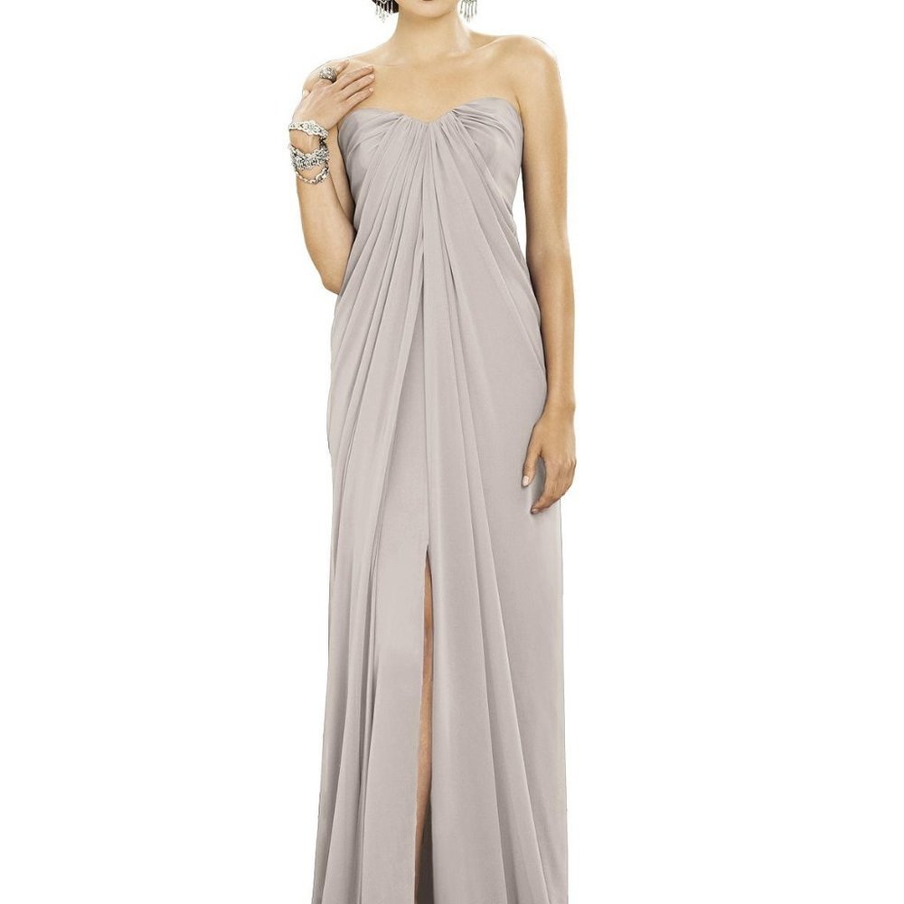 Dessy 2879......Full-length strapless lux chiffon dress....Taupe...Size 4...NWT